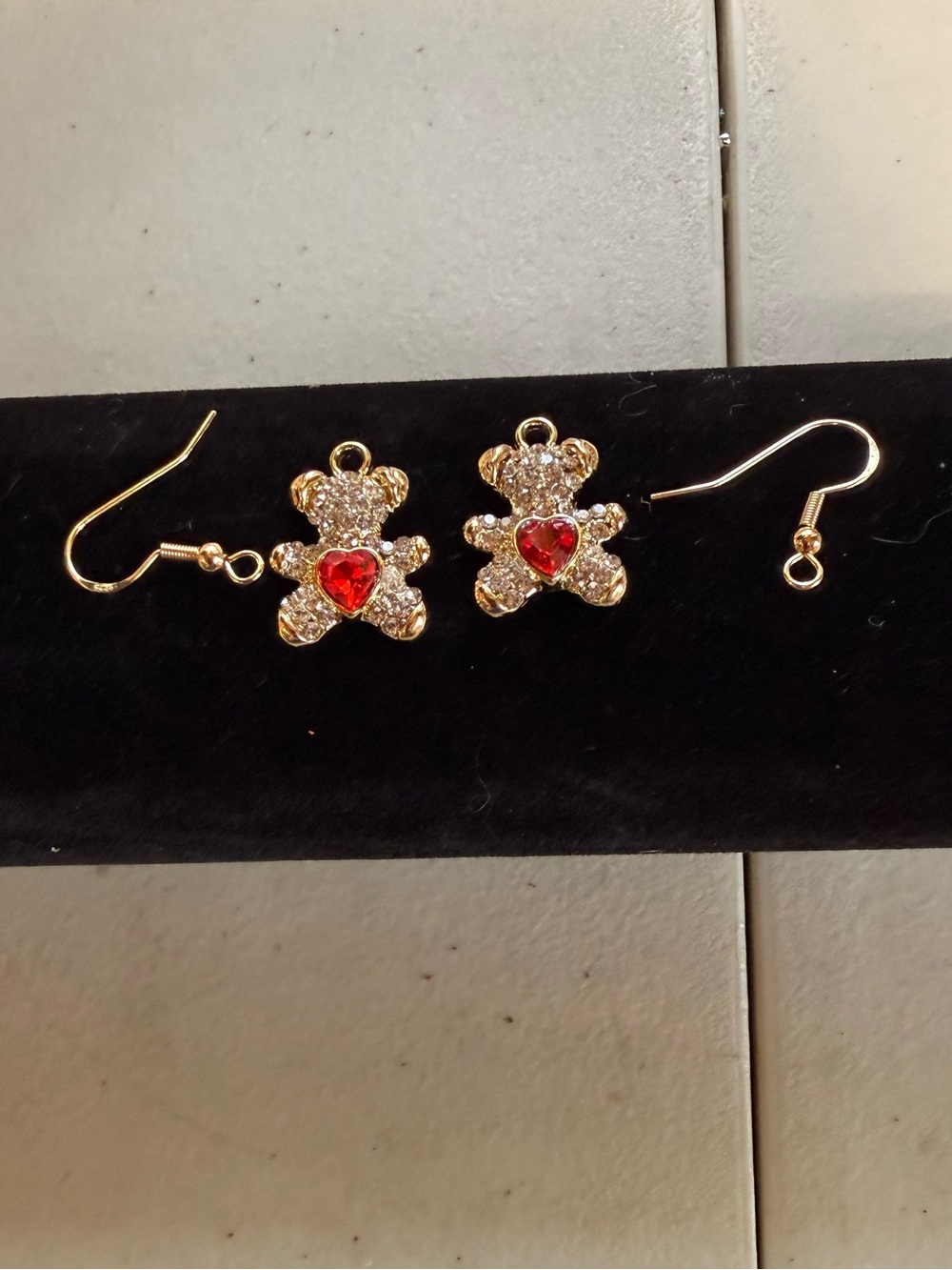 Gold Teddy Bear Earrings with Red Heart Accent - Women Jewelry